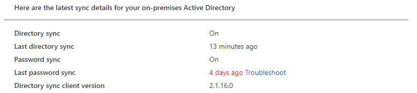 M365 admin center 的 Directory sync status:目录同步 13 分钟前,密码同步 4 天前(红字)