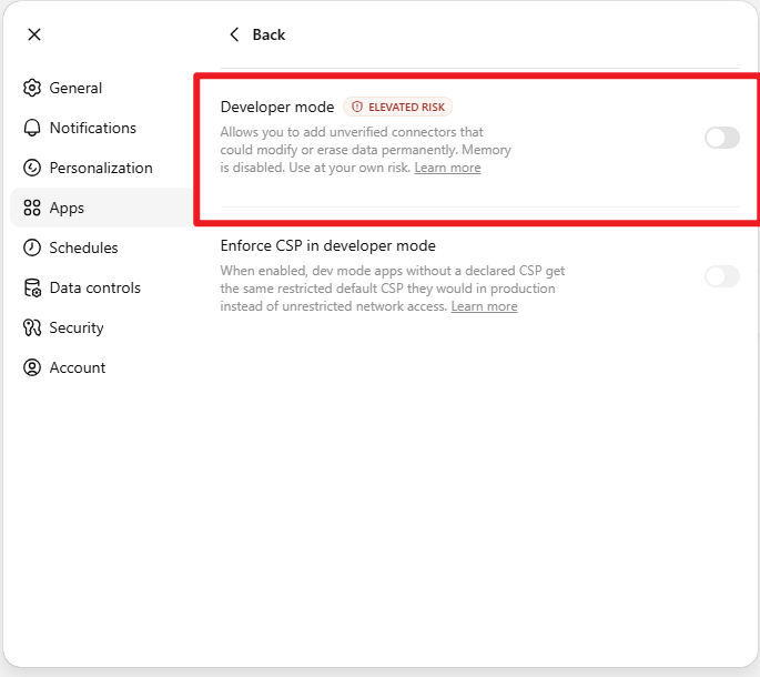 ChatGPT 的 Developer mode 开关，标注 ELEVATED RISK