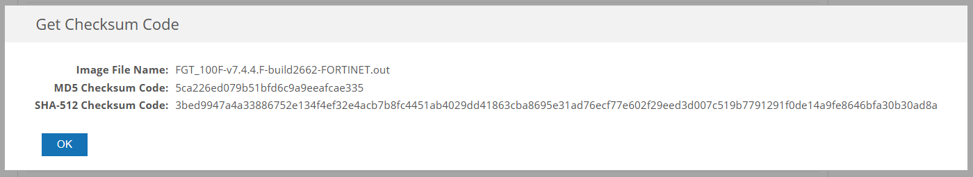 Fortinet 支持站的 Get Checksum Code 弹窗,显示 MD5 和 SHA-512
