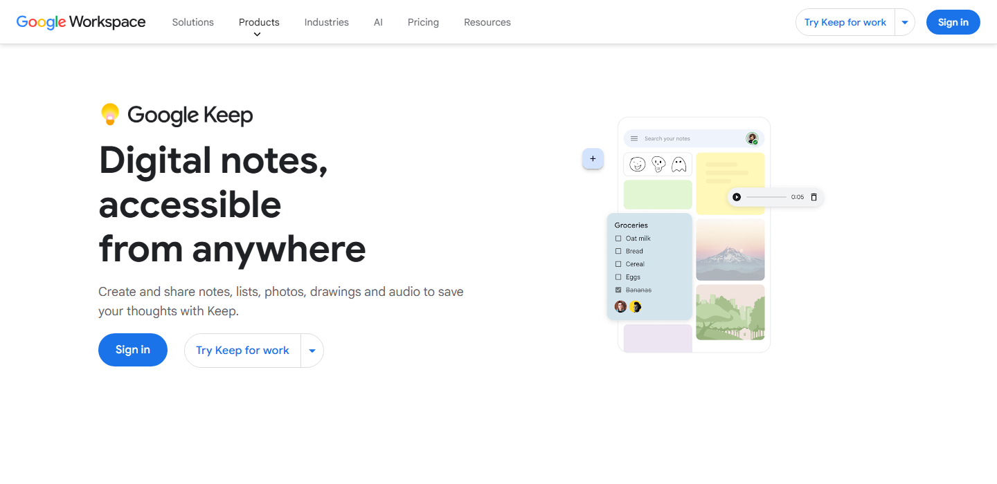 Google Keep 产品页