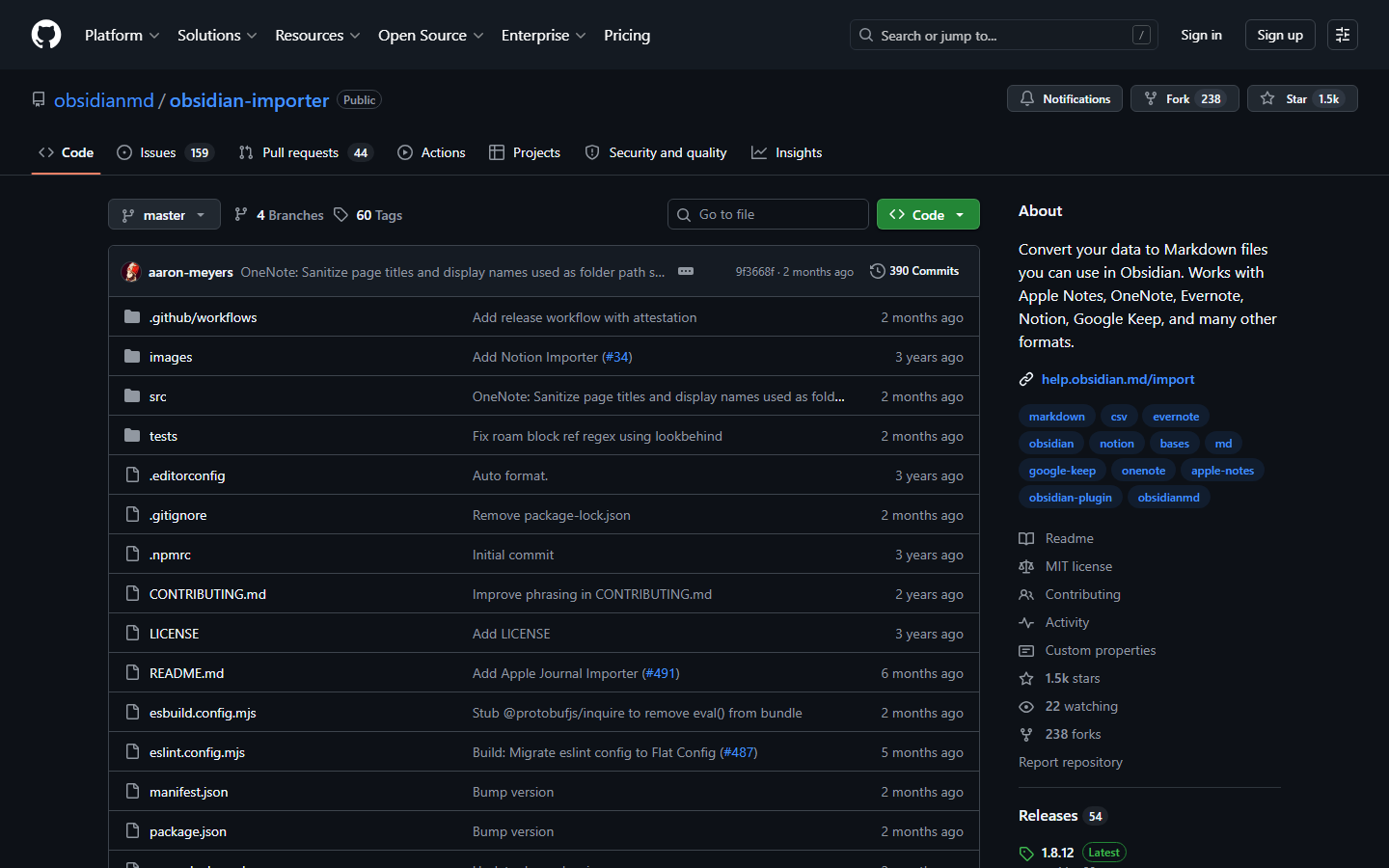 obsidianmd/obsidian-importer 仓库页面，About 明确列出支持 OneNote 和 Google Keep